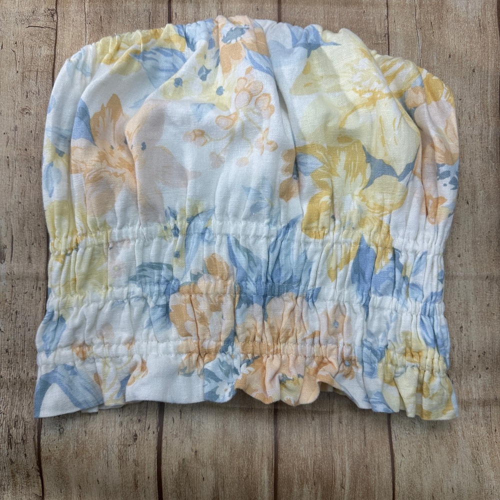 Abercrombie & Fitch Womens XS Floral Strapless Tube Top Smocked Crop Ruffle Blue
